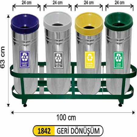 Paslanmaz Geri Dönüşüm Seti 4 Bölmeli Kafesli resmi